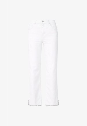 White straight-leg jeans with front pockets, button and zipper closure, and rhinestone embellishments along the bottom hems.