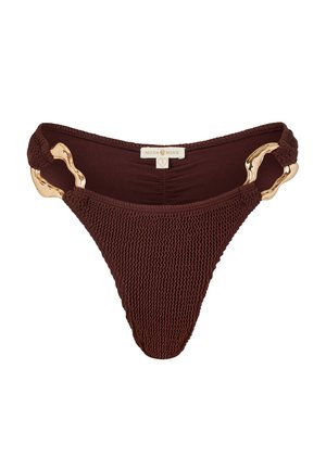 Toppe da bikini all'uncinetto marroni con un design a trama e accenti in metallo dorato. Presentano un taglio a vita media e anelli laterali regolabili.