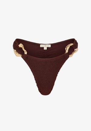 Brown crochet bikini bottom with a textured design and gold hardware accents. Features a mid-rise cut and adjustable side loops.