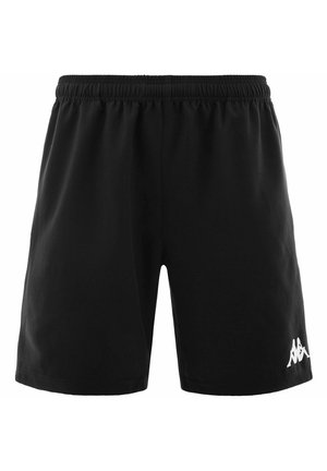 Shorts sportivi neri con elastico in vita e logo bianco Kappa sulla parte inferiore della gamba sinistra, mostrati su uno sfondo bianco semplice.