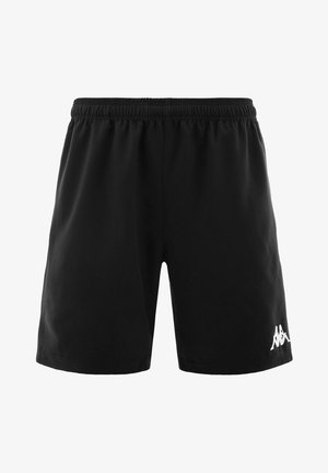 Shorts sportivi neri con elastico in vita e logo bianco Kappa sulla parte inferiore della gamba sinistra, mostrati su uno sfondo bianco semplice.