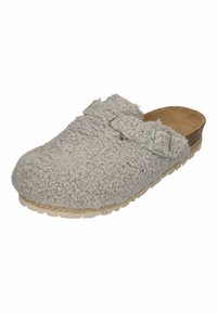 Fuzzy gray clogs with a textured surface, adjustable strap with a buckle, cork footbed, and rubber sole for traction.