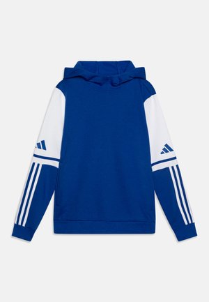 Blue hoodie made of cotton blend, featuring white sleeves with three black stripes, a kangaroo pocket, and a drawstring hood.