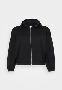 Svart zip-up hettegenser laget av myk stoff, med en avslappet passform, lange ermer og hette med snøring, samt ribbestrikkede mansjetter og nederkant.