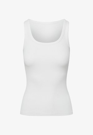White tank top, made of ribbed fabric, featuring a rounded neckline and fitted shape. No additional patterns or visible hardware.