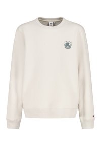 Light beige crewneck sweatshirt features a small astronaut logo on the left chest, with ribbed cuffs and hem for a snug fit.