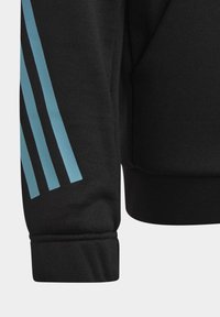 Svart sweatshirt med ljusblå diagonala ränder på den vänstra ärmen. Tyget är mjukt med en ribbad manschett i ärmens slut.