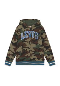 Camouflage lynlås-hættetrøje i grønne og brune nuancer med en blå "LEVI'S"-logo, hvide og blå stribede ærmekanter og to forlommer.