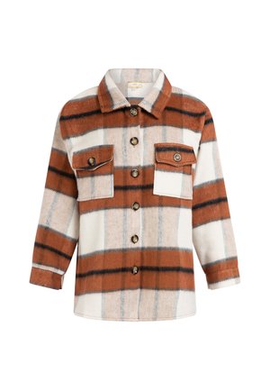 Plaid shirt in orange, brown, and white. Features a button-up front, two chest pockets with flaps, and a standard collar. Soft texture.
