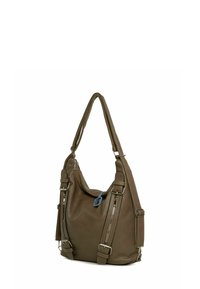 Brūna ādas rokassoma ar brīvā stila dizainu, ar sudraba aksesuāriem, dubultām pleca siksnām un ar rāvējslēdzēja akcentiem sānos.