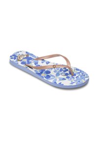 Flip-flop with a floral print in blue and white, featuring light pink straps, textured bottom, and a circular logo detail near the straps.