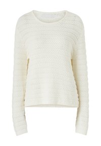 Maglione bianco lavorato a maglia con un design testurizzato e a trama aperta, maniche lunghe e scollatura rotonda. Orlo corto e dettagli a coste ai polsini.
