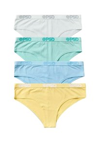 Four pairs of cotton briefs arranged in pastel colors: white, mint green, light blue, and yellow. Each has a matching waistband with "PSD" logo.
