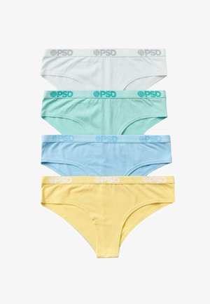 Fire par par bomuldsunderbukser arrangeret i pastelfarver: hvid, mintgrøn, lyseblå og gul. Hver sæt har et matchende bæltedæk med "PSD" logo.