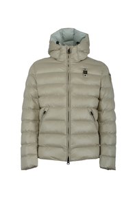 Beige pufferjakke med hætte, letvægtsstof, quiltet design og to lynlåslommer på siden. Har en lille logo-detalje på brystet.
