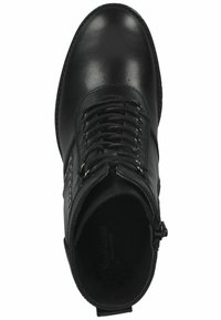 Bottines en cuir noir à lacets à l'avant et fermeture éclair, avec une texture lisse et un design à bout rond. Aucune motif visible.