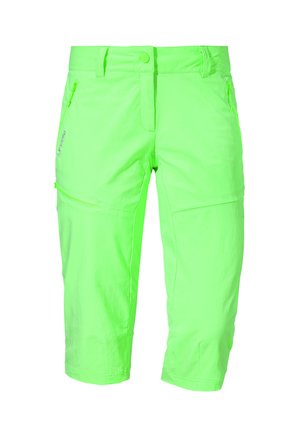 Pantaloni corti neon verdi, di lunghezza al ginocchio, realizzati in materiale leggero. Presentano tasche laterali con zip e una texture liscia con una vestibilità comoda.