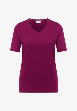 Mocno ciemnoróżowy krótki rękaw damski T-shirt z dekoltem w kształcie litery V, o klasycznym kroju, z małą etykietą "CECIL" przy dekolcie.