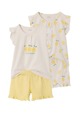 Two-piece children's pajamas with ruffled sleeves; one set has lemon prints and shorts, the other features three smiling lemons and yellow shorts.