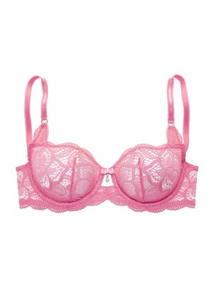 Rosa Spitzen-Bügel-BH mit floralen Mustern, verstellbaren Trägern, Schleife und kleiner Perlendekoration in der vorderen Mitte.