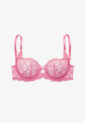 Rosa Spitzen-Bügel-BH mit floralen Mustern, verstellbaren Trägern, Schleife und kleiner Perlendekoration in der vorderen Mitte.