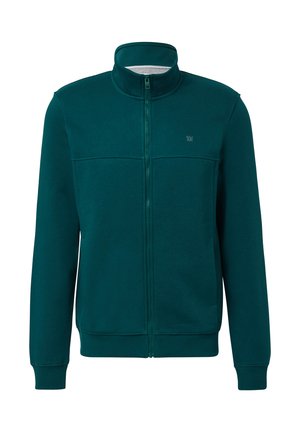 Teal jopica z zadrgo, izdelana iz mehke tkanine. Ima stoječi ovratnik, rebraste manšete in žep na prsih z majhnim logotipom. Gladka tekstura.