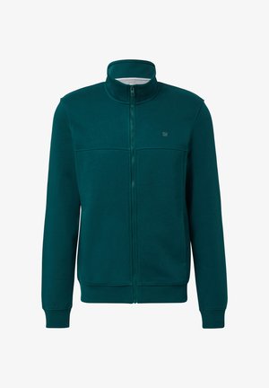 Teal zip-up jacket made of soft fabric. Features a stand-up collar, ribbed cuffs, and a chest pocket with a small logo. Smooth texture.