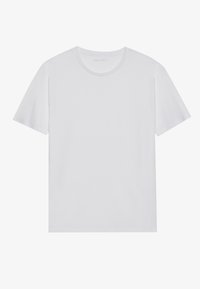 T-shirt bianco a maniche corte realizzato in cotone morbido, con collo rotondo e design semplice, privo di modelli o dettagli.