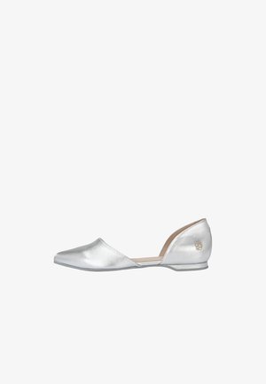 Zilveren ballet flats met een spitse neus en lage hak. Glad, metallic oppervlak met een decoratieve logo-accent op de hak.