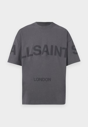 Tricou gri din bumbac, cu guler rotund. Prezintă text îndrăzneț negru "ALLSAINTS" pe piept și "LONDON" în partea de jos. Mâneci scurte.