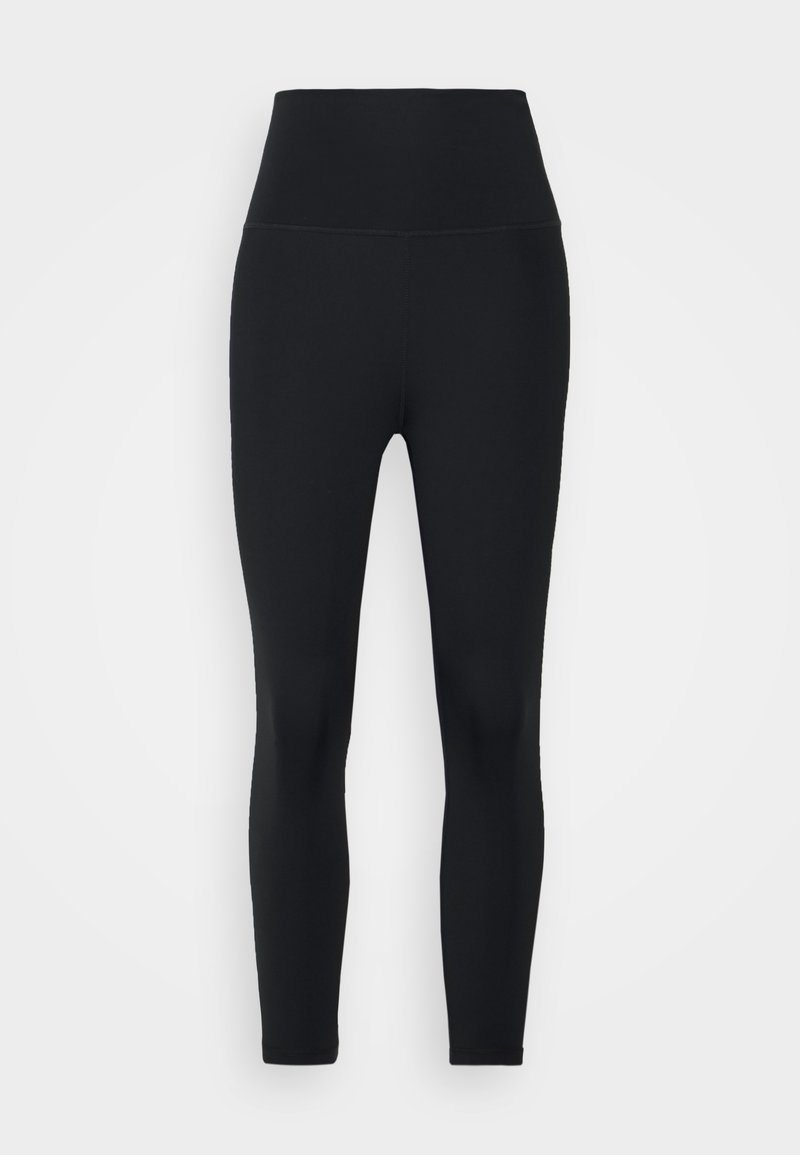 Leggings noirs taille haute avec une large ceinture et une coupe slim longueur totale sur fond blanc.