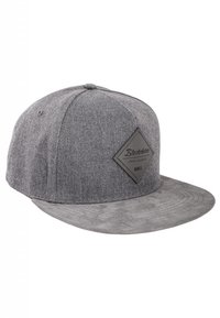 Gray snapback cap made of wool blend fabric with a flat, textured visor. Features a leatherette logo patch in diamond shape on the front.