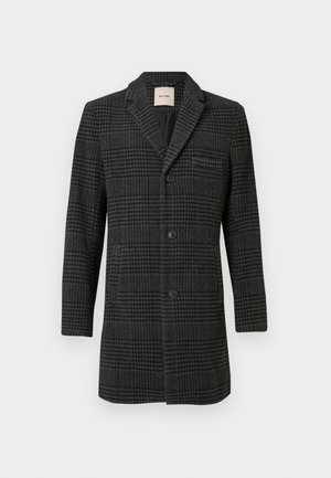 Plaid volneno-ključni plašč v črni in sivi barvi z izrezom na ovratniku, sprednjim delom z tremi gumbi in dvema stranskima žepoma. Prilagojena oblika, dolgi rokavi.