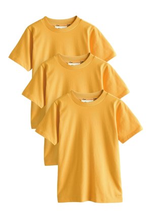 Set aus drei schlichten kurzen gelben Baumwoll-T-Shirts mit Rundhalsausschnitt, übereinander in vertikaler Ausrichtung angeordnet.