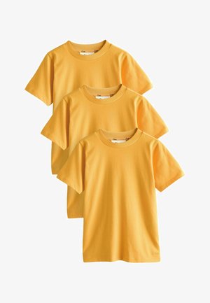 Set di tre magliette gialle in cotone, a maniche corte e collo rotondo, disposte in allineamento verticale sovrapposto.