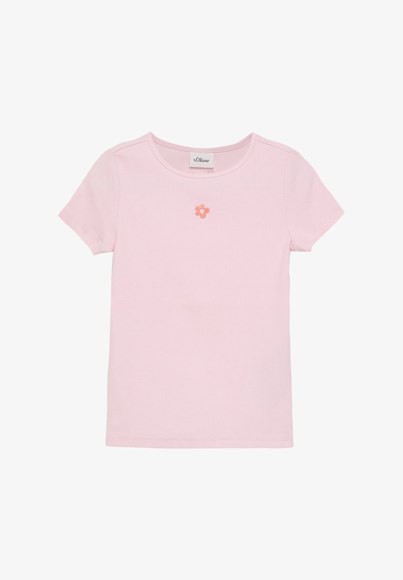 T-shirt à manches courtes rose clair, côtelé, avec col rond et petite fleur orange brodée au centre de la poitrine.