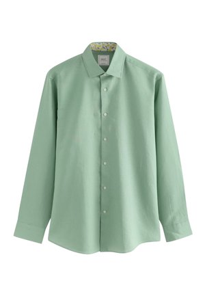Světle zelená košile na knoflíky s dlouhým rukávem, s rozloženým límečkem a decentním vnitřním límcem s motivem citronů.