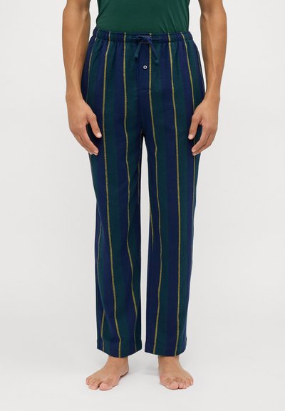 Pantaloni dungi navy și verde cu accente galbene, având talie elastică și șnur, confecționați dintr-un material moale cu o croială relaxată.