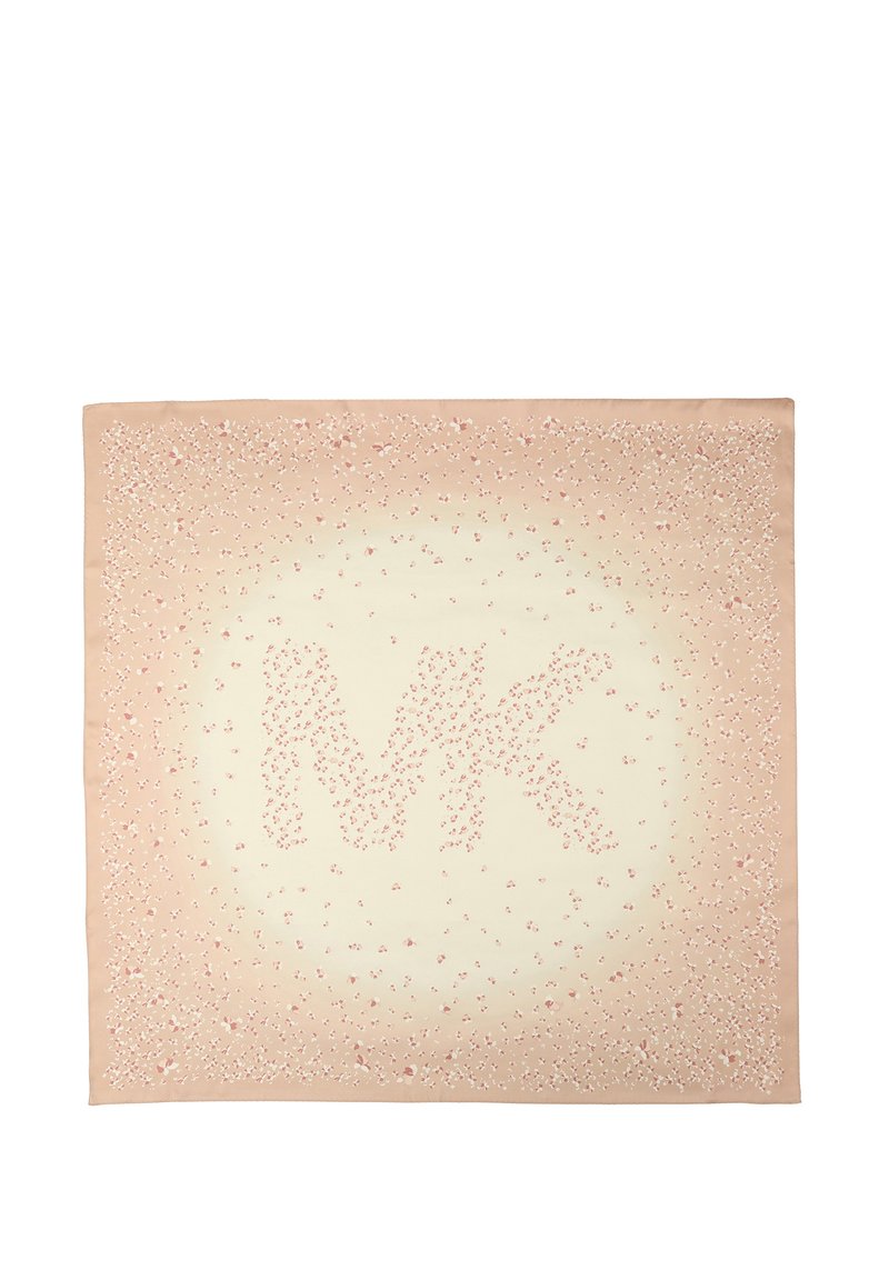 Firkantet silkeslørd med en gradient fra blød fersken til fløde, prydet med et blomstermønster og "MK" logoet i centrum.