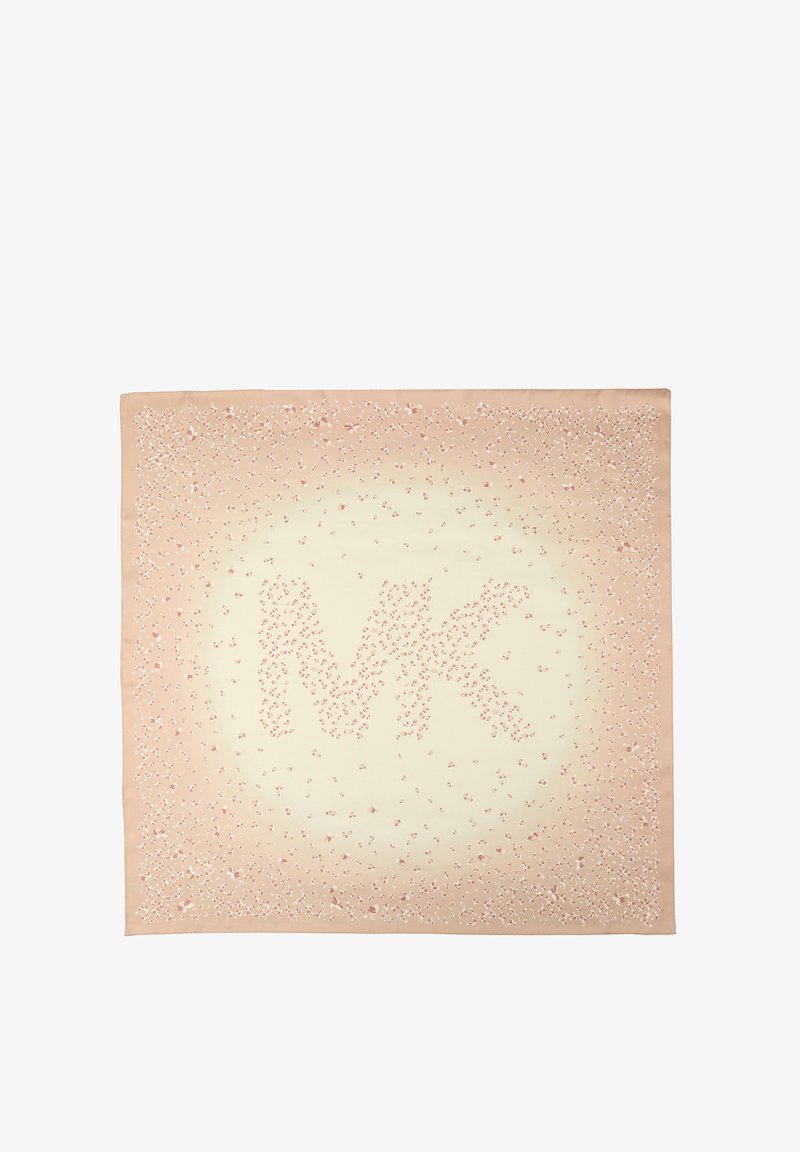 Firkantet silkeslørd med en gradient fra blød fersken til fløde, prydet med et blomstermønster og "MK" logoet i centrum.
