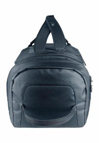Borsa duffel nera con forma rettangolare, dotata di manici imbottiti, chiusura lampo e una texture di tessuto liscia e resistente.