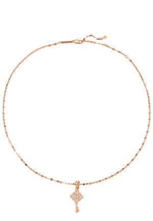 Rose gold necklace with an intricate key pendant featuring decorative accents. The chain is delicate with oval links and a lobster clasp.