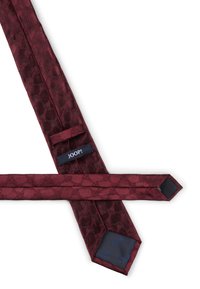 Bordeaux zijden stropdas met een gestructureerd patroon van cirkels en bloemenontwerpen. Etikett met "JOOP!" zichtbaar aan de achterkant.