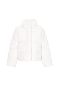 Korte witte nepbontjas met een hoge kraag, met een zachte textuur en horizontale stiksels. Voorzijde met ritssluiting, lange mouwen.