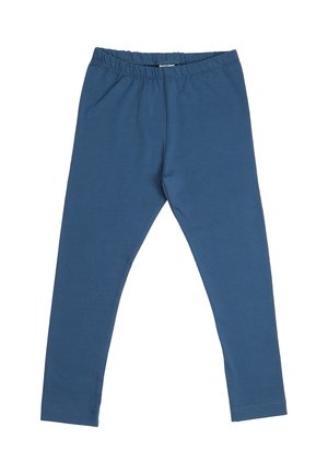 Blaue Leggings aus dehnbarem Stoff, mit elastischem Bund, schlanker Passform und glatter Textur. Keine Muster oder zusätzlichen Details.