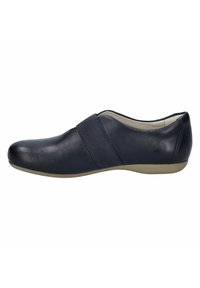 Navy blue leather shoe with an elastic strap, rounded toe, low-profile sole, and smooth texture. Classic slip-on design for comfort.