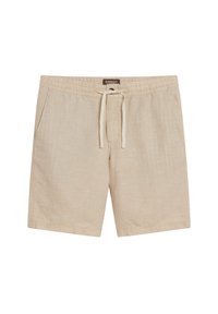 Pantalones cortos ligeros color beige con cintura elástica y cordón. Con bolsillos laterales y una tela suave y texturizada.
