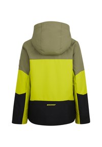 Veste verte, jaune et noire avec capuche ; se distingue par un design color-block ; fabriquée en matériau lisse et léger ; logo affiché au bas.