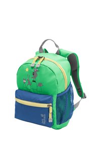 Petit sac à dos pour enfants vert et bleu avec des fermetures éclair jaunes, des illustrations d'animaux, une poche avant et une poche latérale en maille.