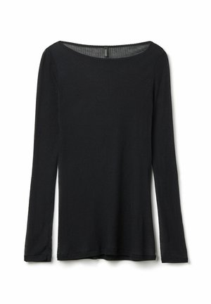 Zwarte longsleeve top met een ribbelstructuur, brede ronde halslijn en rechte zoom. De stof is zacht en licht rekbaar.